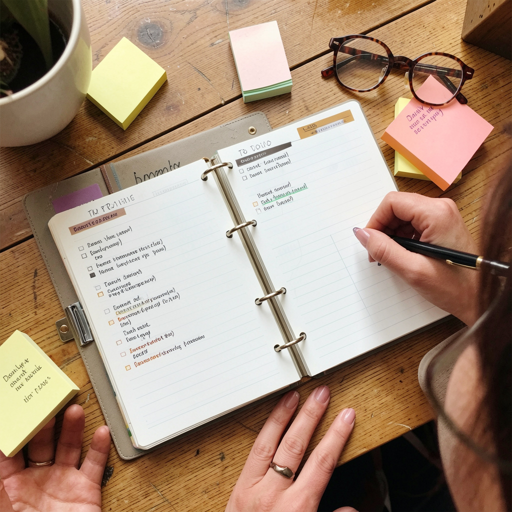 Person organizing daily routine with planner